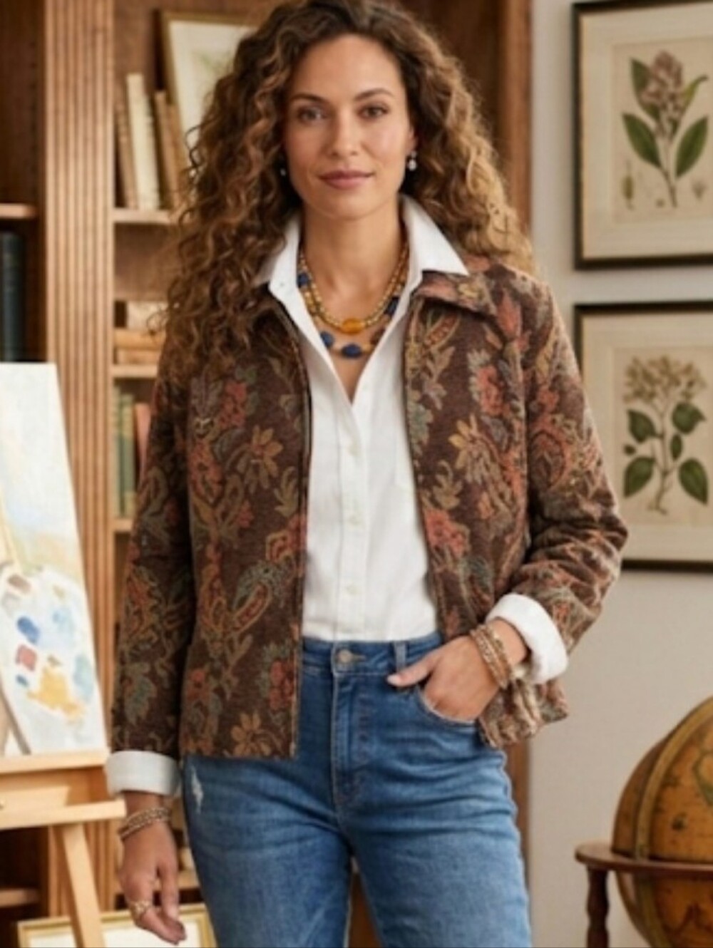Vintage Flashback Tapestry Floral Full Zip Jacket Blazer